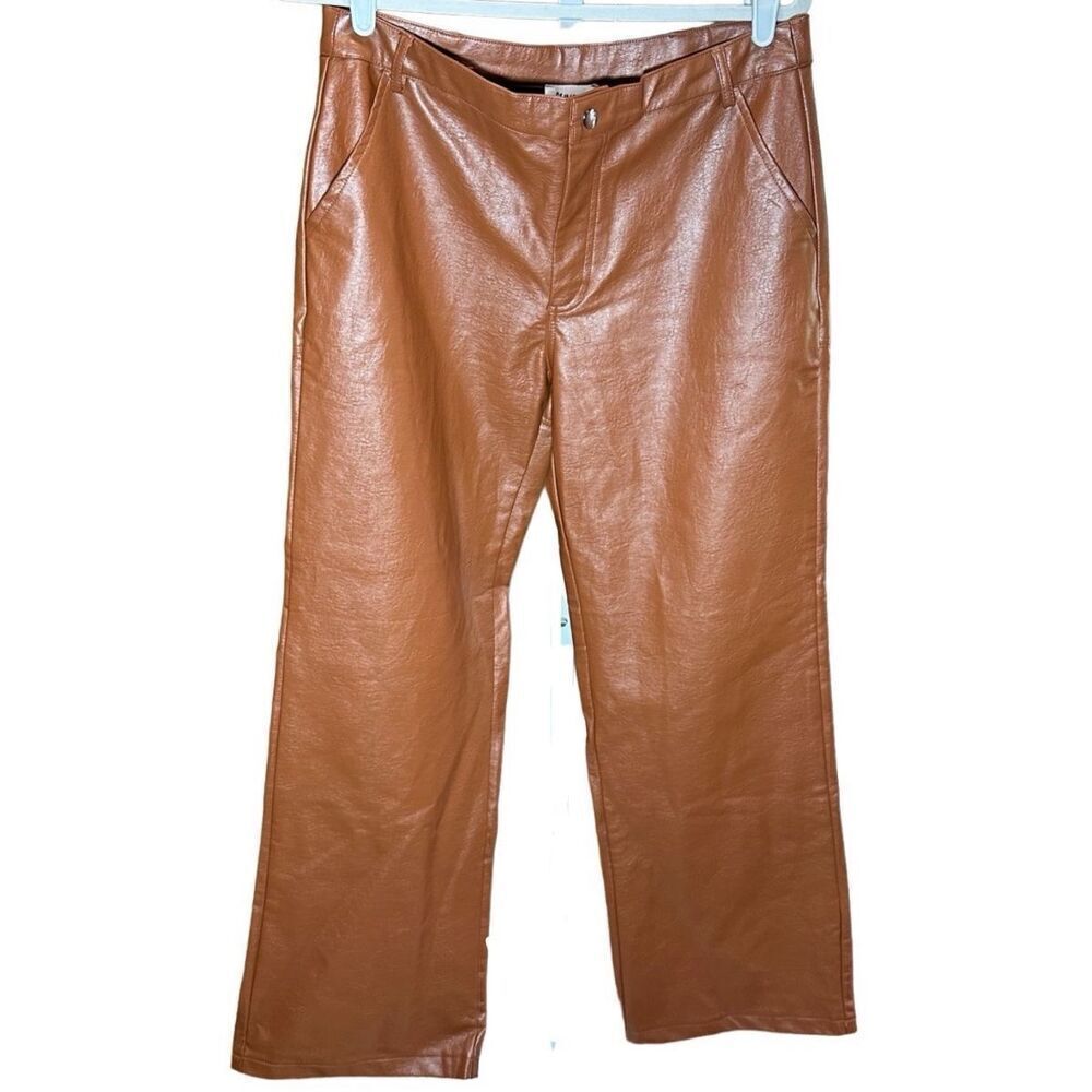 Princess Polly cognac brown wide leg faux leather high rise pants sz 10